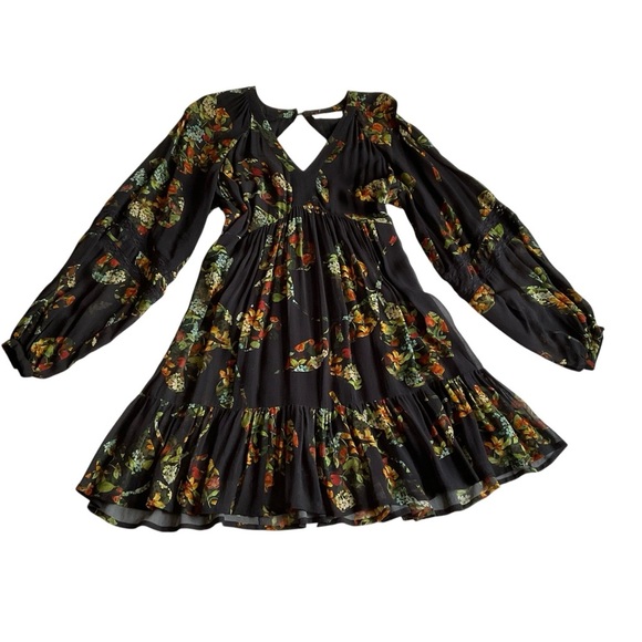 Super Natural Babydoll Dress XS Black Long Sleeve  Floral Mini V-Neck Lace Boho - Picture 1 of 14